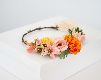 Tropical flower crown wedding, blush orange flower hairpiece, boho flower headband, bride bridesmaid headpiece, bohemian flower headdress