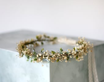 Babys breath crown, dried flower crown bridal headband, dainty flower crown,  dried babys breath headband, adjustable floral crown