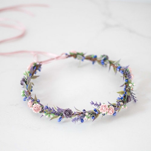 Lavender Flower Crown Wedding Purple White Floral Headband - Etsy