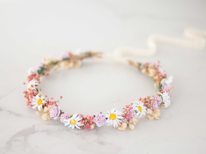 Meadow flower crown, dried flower crown for wedding, purple pink flower halo, preserved floral crown, dainty flower headband, flower girl imagem 9