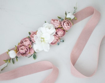 Dusty rose flower belt for wedding dress, flower sash for baby shower, flower belt for pregnancy, flower girl belt and flower crown