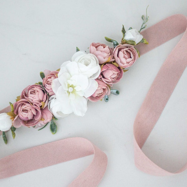 Dusty rose flower belt for wedding dress, flower sash for baby shower, flower belt for pregnancy, flower girl belt and flower crown