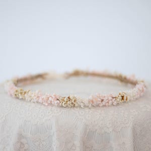 Blush flower crown with dried flowers, pale pink ivory hair wreath, bohemian wedding headpiece, thin floral hair piece, flower girl halo