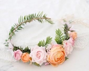 Orange blush flower crown wedding, boho headpiece, tropical floral crown, pastel flower crown, bridal flower crown, pink flower girl halo