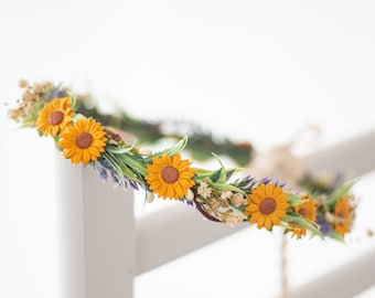 Sunflower flower crown, sunflower lavender bridal headpiece, yellow flower crown, flower girl crown, sunflower halo