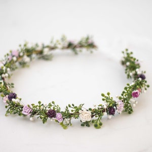 Dainty flower crown wedding, purple fairy crown, lavender hair wreath, bohemian flower headband, delicate flower halo for girls bridesmaids