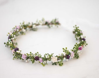 Dainty flower crown wedding, purple fairy crown, lavender hair wreath, bohemian flower headband, delicate flower halo for girls bridesmaids