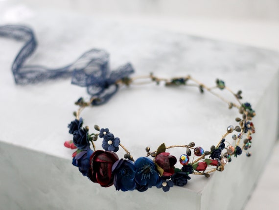 Navy blue burgundy flower crown wedding boho bride crown | Etsy