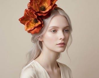 Gebranntes Orange Blumen Haarband Fascinator: Samt Magnolie Kopfschmuck