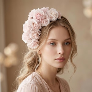 Puede incluir: Una corona floral rosa claro con múltiples rosas de tela. La corona se lleva en la cabeza y es un accesorio delicado. Las rosas están agrupadas, creando un aspecto completo y romántico. El fondo es de un color suave y neutro.