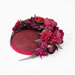 Burgundy fascinator hats for women derby, royal ascot hat, wedding guest floral headpiece, tea party head piece, women's fascinator image 6