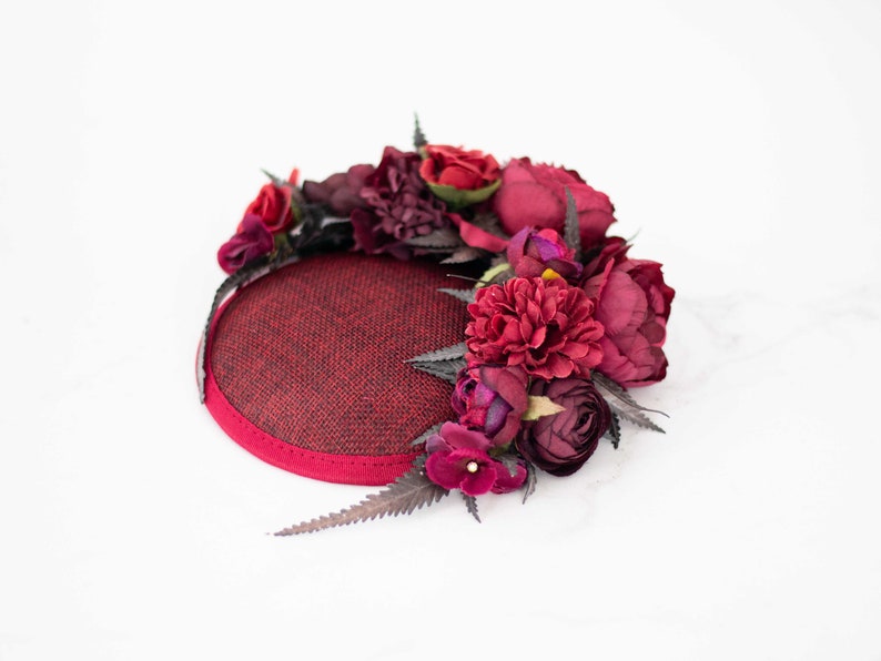 Burgundy fascinator hats for women derby, royal ascot hat, wedding guest floral headpiece, tea party head piece, women's fascinator image 6
