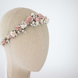 Dusty rose flower crown wedding, crystal hair wreath, dainty flower headband, bride bridesmaid flower girl halo, fine floral headpiece image 3