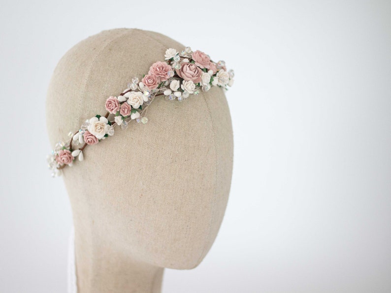 Dusty rose flower crown wedding, crystal hair wreath, dainty flower headband, bride bridesmaid flower girl halo, fine floral headpiece image 3