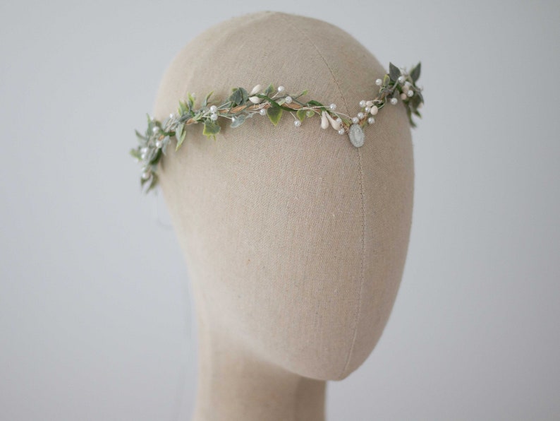 Elven crown, fairy tiara, dainty twig headband, green white fairy crown, crystal elven circlet, leaf floral crown, elf headpiece image 2