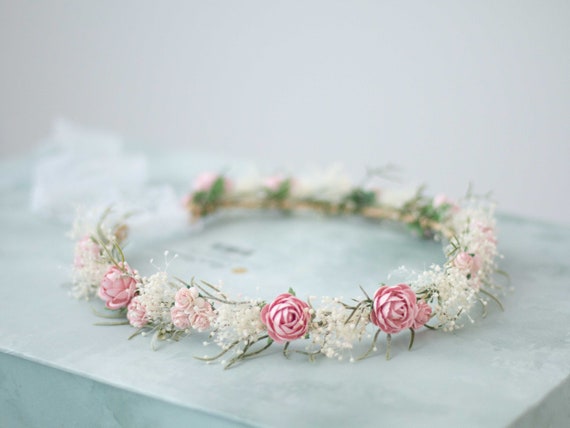 Corona de flores preservadas, diadema de novia con flores secas, tocado  paniculata preservada -  México