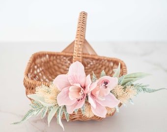 Tropical flower girl basket wedding, natural willow baskets, orchid flower basket, wicker basket flowers, woven basket, rattan basket kids