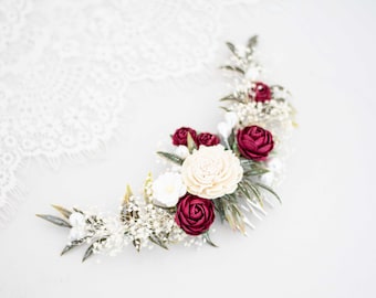 Burgundy ivory flower comb wedding, dried flower hair comb, baby's breath bridal comb, rustic floral hair clip, flower hairpiece