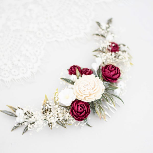 Burgundy ivory flower comb wedding, dried flower hair comb, baby's breath bridal comb, rustic floral hair clip, flower hairpiece