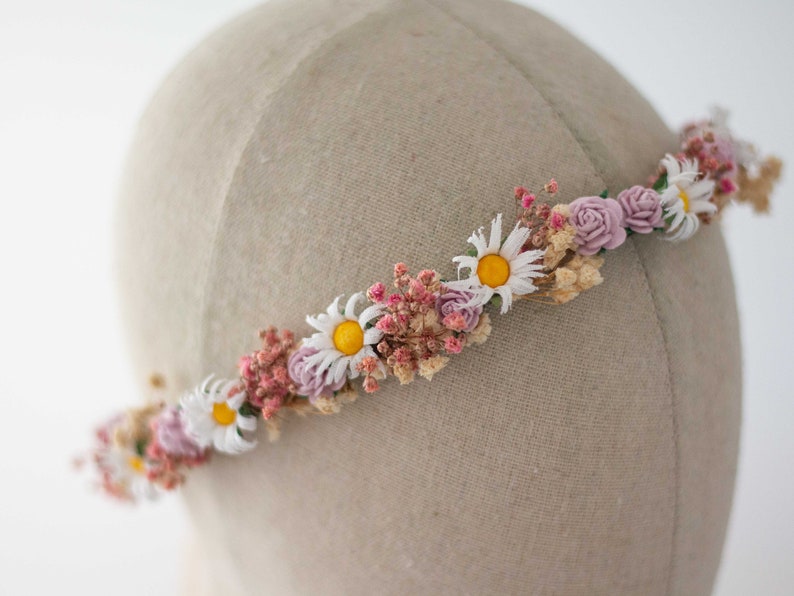 Meadow flower crown, dried flower crown for wedding, purple pink flower halo, preserved floral crown, dainty flower headband, flower girl imagem 6