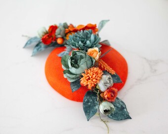 Teal orange fascinator hats for women derby, royal ascot hat, wedding guest floral headpiece, tea party head piece, women's fascinator