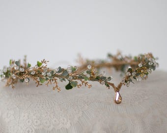 Elven Tiara: Green Gold Crown, Fairy Tale Wedding Hairband
