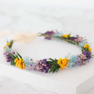 Colorful flower crown with dried flowers, rustic wedding hair wreath, meadow bridal headpiece, fairy core headband, flower girl halo