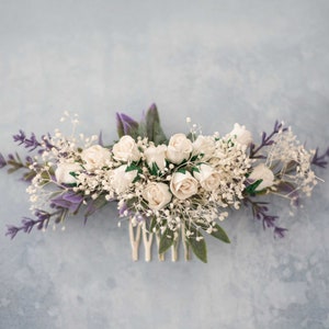 Lavender flower comb wedding, off white purple flower hair comb, baby's breath bridal comb, lavender hair piece, rustic floral hair comb