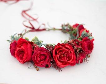 Red Rose Flower Crown: Boho Floral Headband, Bride Hair Accessory