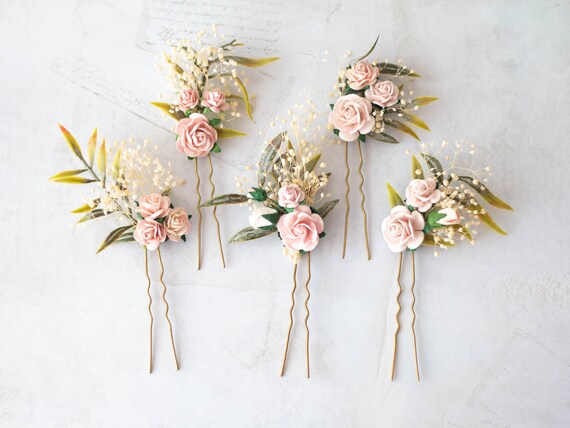 Blush Flower Pins Set Floral Hair Pins Pale Pink Peach Flower