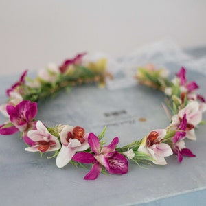 Tropical flower crown, orchid flower headband, hot pink purple headpiece, hawaiian wedding party, destination wedding, haku lei head wreath