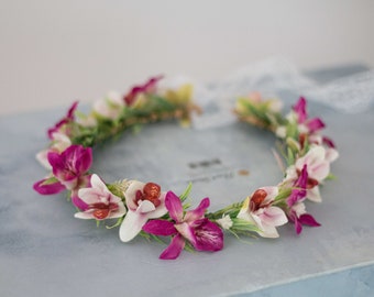 Tropical flower crown, orchid flower headband, hot pink purple headpiece, hawaiian wedding party, destination wedding, haku lei head wreath