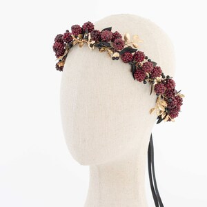 Gold burgundy flower crown, flower halo with raspberries, raspberry headband, golden flower headpiece, wedding hair wreath, dark flower halo image 5