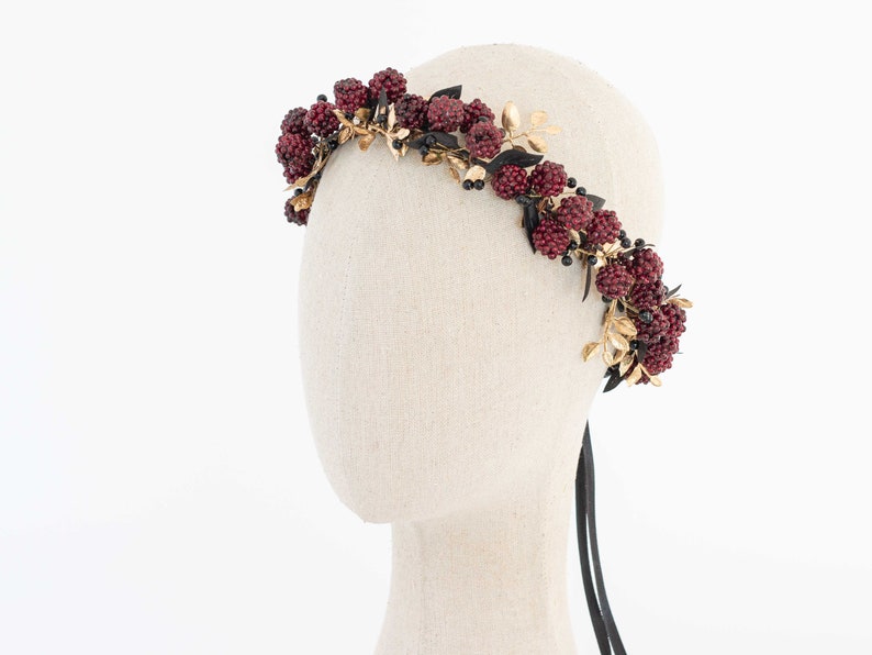 Gold burgundy flower crown, flower halo with raspberries, raspberry headband, golden flower headpiece, wedding hair wreath, dark flower halo image 5