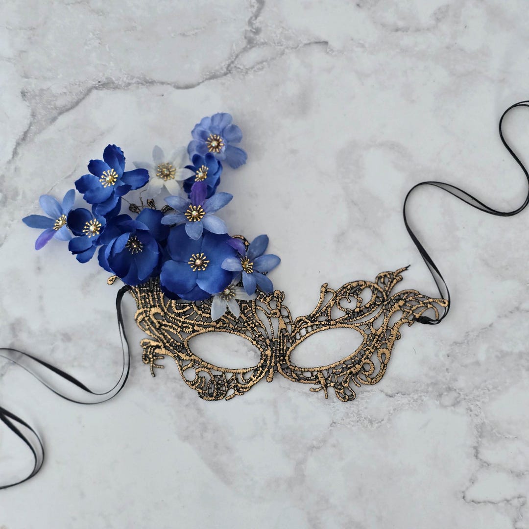 Gold Lace Masquerade Mask With Blue Flowers - Etsy