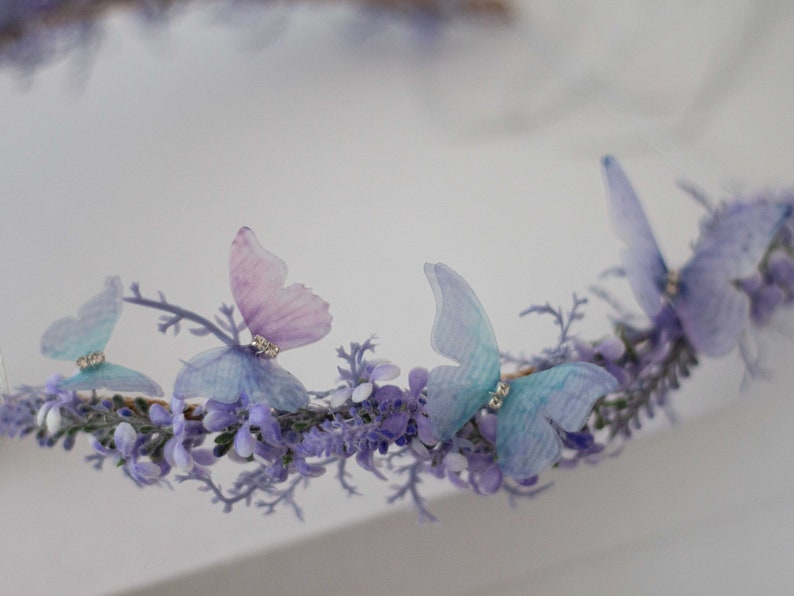 Moon tiara, butterfly flower crown, crescent moon headband, purple elven circlet, dainty flower halo, fairy headress costume, witch crown image 3