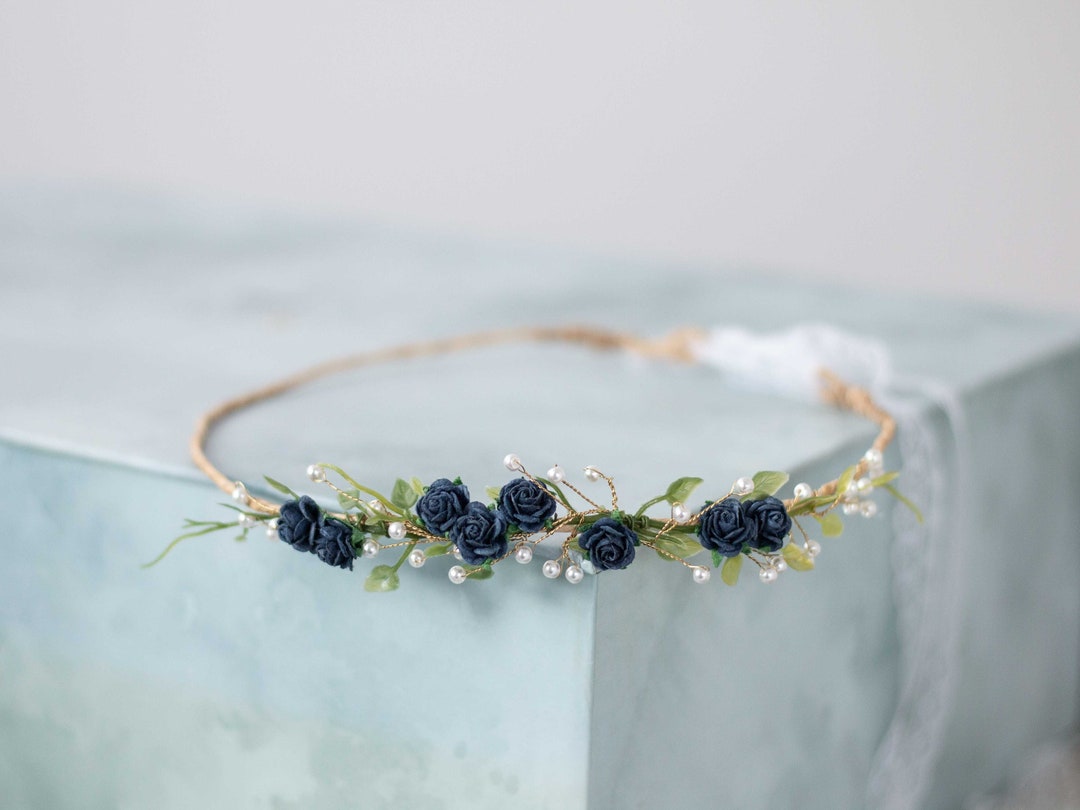 Dainty Flower Crown, Navy Blue Floral Crown, Delicate Flower Crown
