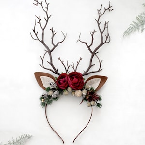 Deer antler headband, faun costume crown, reindeer headband with flowers, rudolf costume, flower crown cosplay, christmas reindeer headband