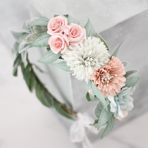 Dusty rose hair wreath wedding, sage green flower crown, boho headband, bride bridesmaid headpiece, flower garland, flower girl halo