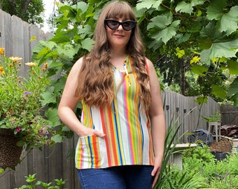 Vintage 70s Rainbow Striped Terry Fabric Sleeveless Tunic Top