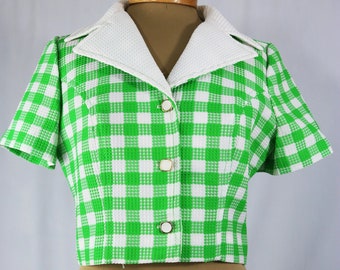 Vintage 70s Green and White Checked Short Sleeve Button Down Cropped Top/Blazer by O'Bryan