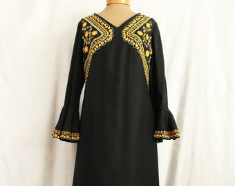 Vintage 60s 70s Black  Soutache Embroidered Black Bell Sleeve Maxi Dress