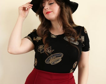 Vintage 90s Deadstock T-Shirt Christine Gerard Black Embellished Hat and Rose Short Sleeve Top