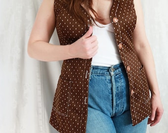 Vintage 70's Brown Polka Dot Long Button Down Vest by Tami San Francisco