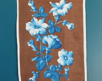 torchon vintage en lin irlandais floral marron et bleu