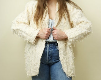 Vintage 90's Cream Car Couture Shaggy Fringe Blazer