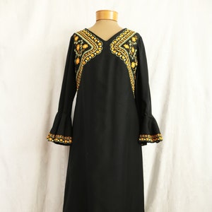 Vintage 60s 70s Black  Soutache Embroidered Black Bell Sleeve Maxi Dress