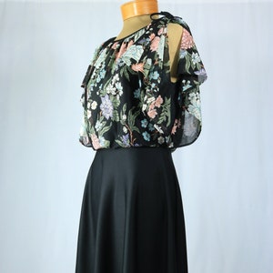 Vintage 70s Black Multicolor Floral Draped Bodice Boho Disco Midi Dress with Flutter Sleeves image 2