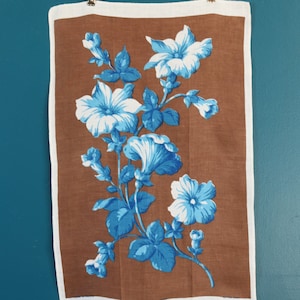 Vintage Brown and Blue Floral Irish Linen Tea Towel