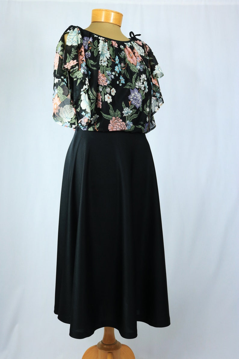 Vintage 70s Black Multicolor Floral Draped Bodice Boho Disco Midi Dress with Flutter Sleeves image 3